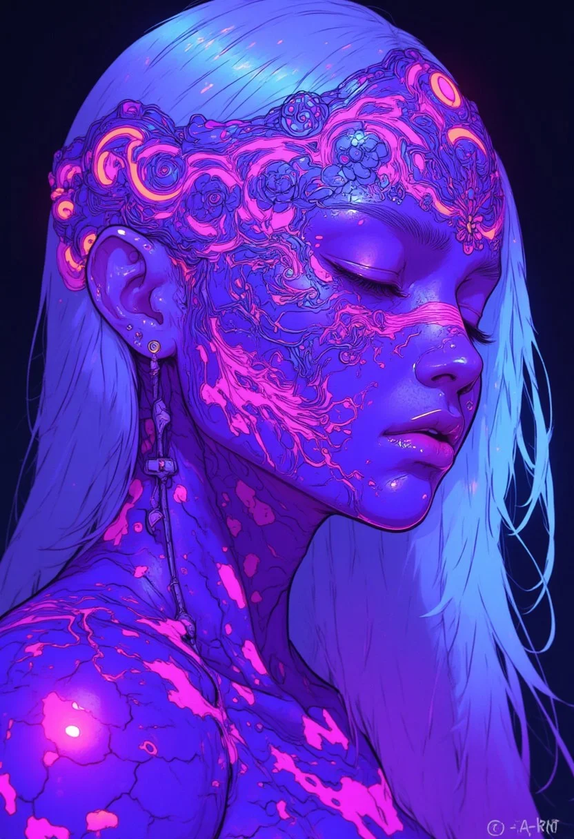 cyberpunk, DreamArt, anime_martz, anime_source, paint, neon hair, ultra realistic intricate scales, white hair glows, purple scale on face covering. Her face is adorned with glowing face tattoo, closed eyes, patterns resembling fish scales on face glowing purple, smeared pattern tattoo, half turn head relaxed expression nodding, dark simple background, futuristic art, with a glowing. digital motifs, hi-tech details, artsy touch,
