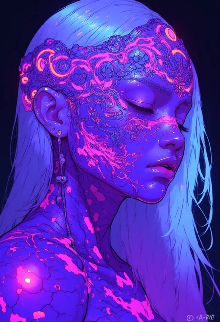 cyberpunk, DreamArt, anime_martz, anime_source, paint, neon hair, ultra realistic intricate scales, white hair glows, purple scale on face covering. Her face is adorned with glowing face tattoo, closed eyes, patterns resembling fish scales on face glowing purple, smeared pattern tattoo, half turn head relaxed expression nodding, dark simple background, futuristic art, with a glowing. digital motifs, hi-tech details, artsy touch,
