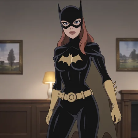 <lora:batgirlkillingjoke_pony_v1:.8>batgirlkillingjoke, 1girl, domino mask, black bodysuit, belt, yellow gloves, medium breasts, cape, superhero, cleavage, blue eyes, long hair, lipstick, cowboy shot