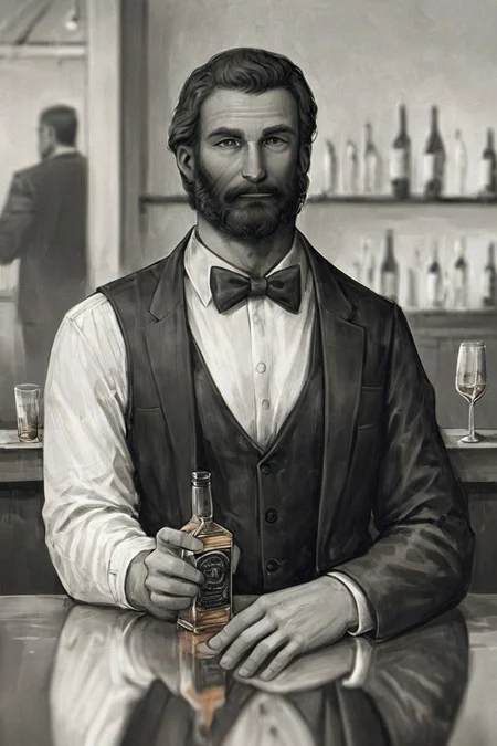 score_9, score_8_up, score_7_up, score_6_up, score_5_up, score_4_up, 1boy, male focus, facial hair, solo, bowtie, mustache, bow, monochrome, formal, cup, looking at viewer, vest, drinking glass, suit, beard, holding, whiskey, greyscale, jacket, alcohol, blurry, bar (place), indoors <lora:Gothic Art Style SDXL_LoRA_Pony Diffusion V6 XL:1>