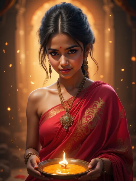 Beautyfull girl, very thin, charming face wire on theet, wear sari, rakhi roap on hand, puja ki thali