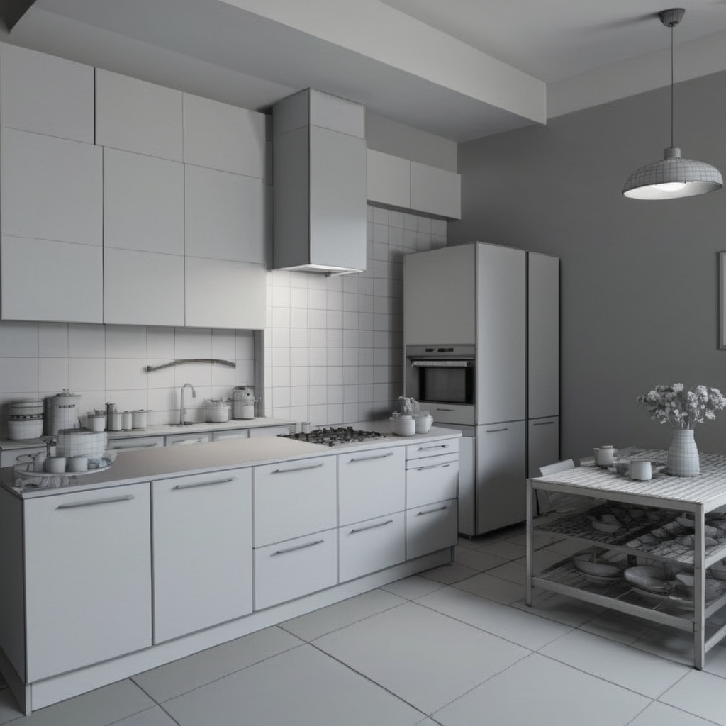 <lora:3dpolygonStyle:1>,3dm,monochrome,grey  grid color matching,Create a 3D animation style image of a kitchen