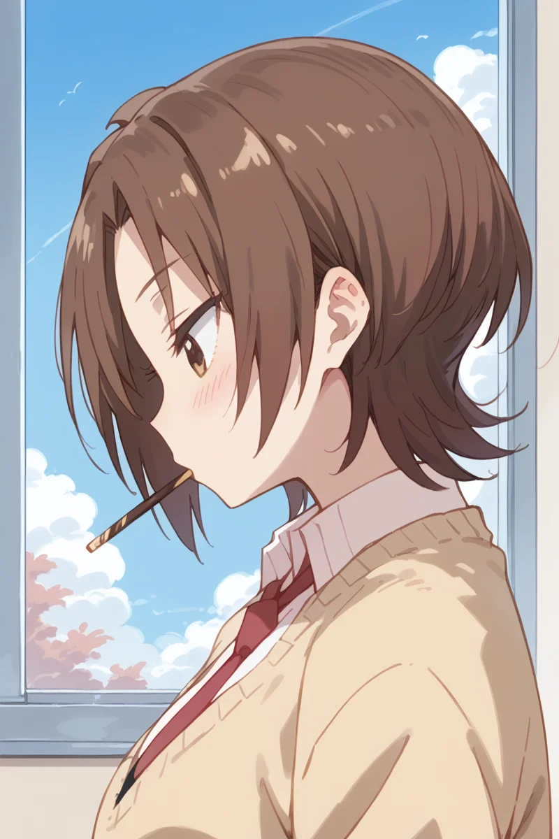 score_9, score_8_up, score_7_up, score_6_up,
 <lora:Yuzu_Iizuka:1> yuzu, 1girl, solo, pocky, brown hair, school uniform, brown eyes, necktie, short hair, blush, window, sky, profile, sweater
