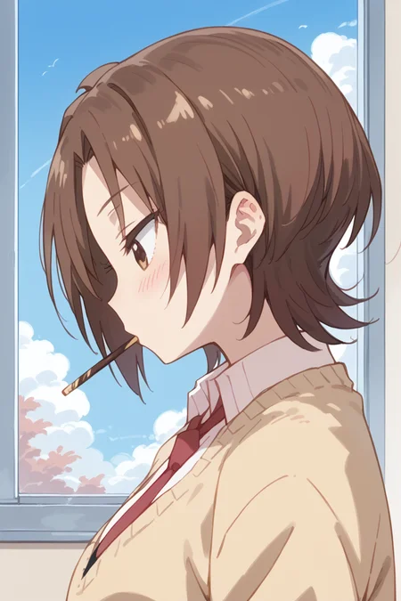 score_9, score_8_up, score_7_up, score_6_up,
 <lora:Yuzu_Iizuka:1> yuzu, 1girl, solo, pocky, brown hair, school uniform, brown eyes, necktie, short hair, blush, window, sky, profile, sweater