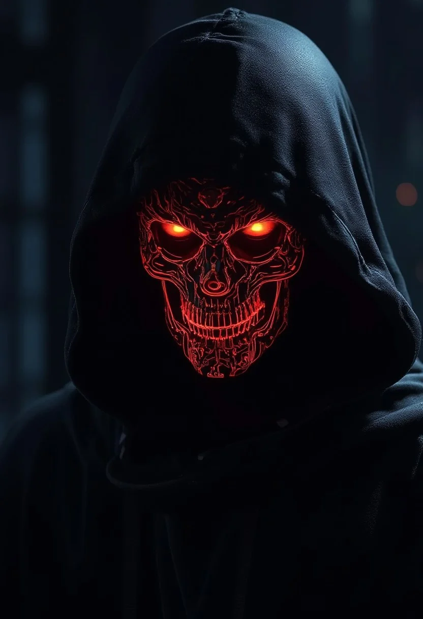 Beauty, realism, cinematic quality, chiaroscuro, rays of light, play of shadow and light, cinematic style, A dark, eerie, and futuristic portrait of a figure wearing a hooded cloak. The face underneath the hood is a glowing, neon-lit skull with intricate red and orange circuit-like patterns running across it. The eyes are hollow yet illuminated, and the expression is menacing. The background is deep black or a dark, futuristic environment, with the figure emerging from the shadows. The overall atmosphere is cyberpunk and dystopian, combining elements of horror with advanced technology. The lighting is dramatic, emphasizing the glowing skull and the neon lines that trace across the face and hood.
