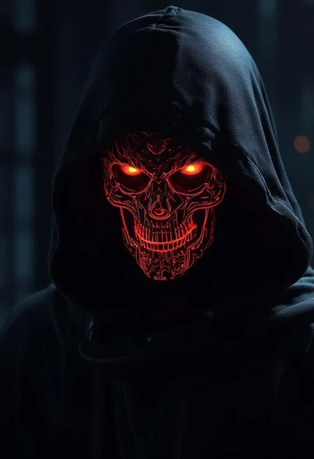 Beauty, realism, cinematic quality, chiaroscuro, rays of light, play of shadow and light, cinematic style, A dark, eerie, and futuristic portrait of a figure wearing a hooded cloak. The face underneath the hood is a glowing, neon-lit skull with intricate red and orange circuit-like patterns running across it. The eyes are hollow yet illuminated, and the expression is menacing. The background is deep black or a dark, futuristic environment, with the figure emerging from the shadows. The overall atmosphere is cyberpunk and dystopian, combining elements of horror with advanced technology. The lighting is dramatic, emphasizing the glowing skull and the neon lines that trace across the face and hood.