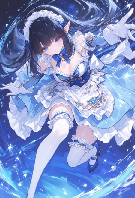 best quality, masterpiece, anime, vivid colors,
KRMirianne, pointy ears, blue eyes, black hair, gloves, long hair, maid headdress, cleavage, white gloves, blue footwear, dress, white thighhighs, apron, frills, shoes, detached sleeves,
4ur4_illu, shiny, ma1ma1helmes_b_illu, sketch