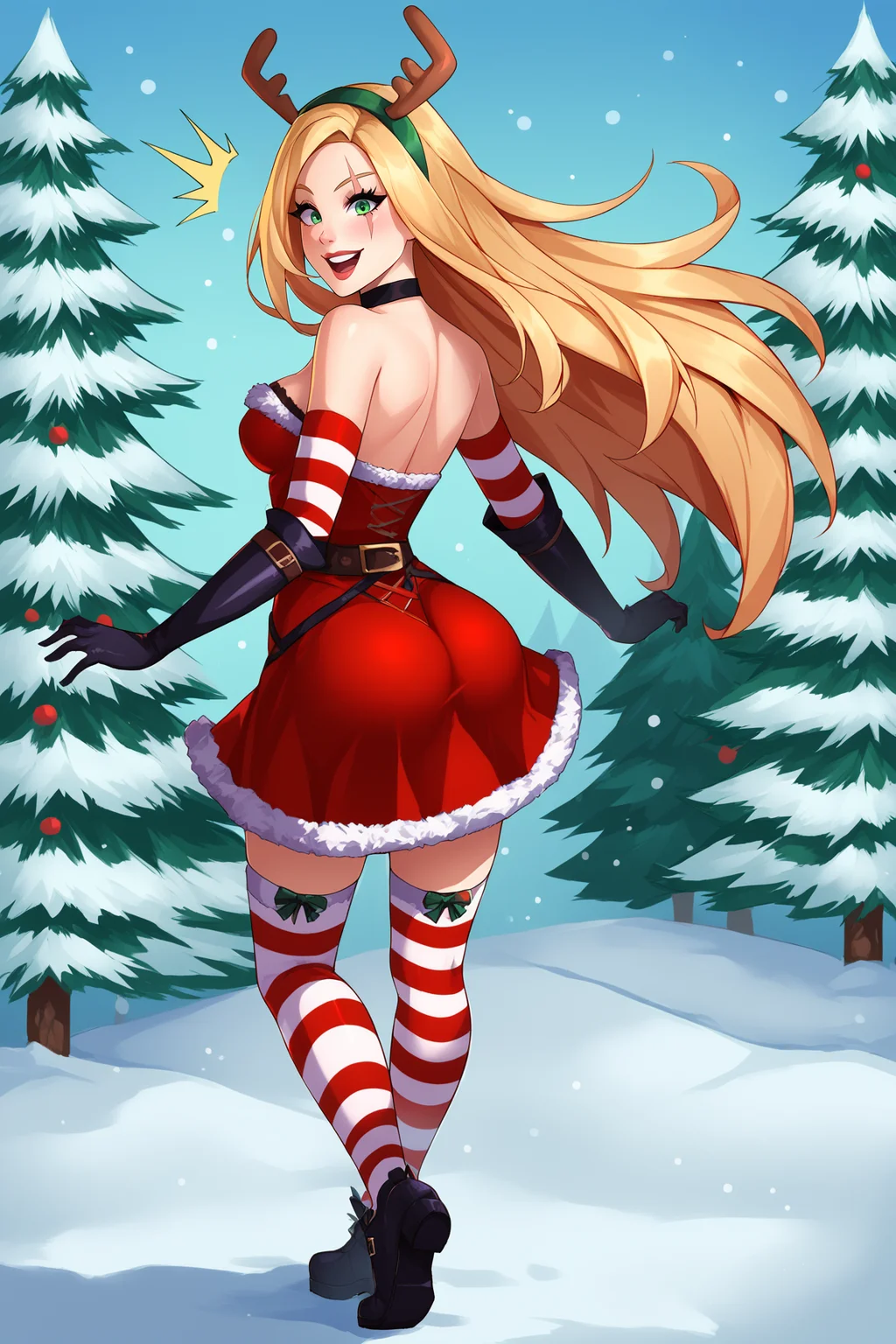 score_9, score_8_up, score_7_up, score_6_up, BREAK, KatarinaSBXL, scar on eye, green eyes, blonde hair, long hair, reindeer antlers, green hairband, black choker, medium breasts, santa costume, cleavage, fur trim, strapless dress, red dress, detached sleeves, black elbow gloves, striped thighhighs, black shoes, solo, standing, from behind, big ass, surprised, seductive smile, looking at viewer, forest, tree <lora:KatarinaSBXL:1>