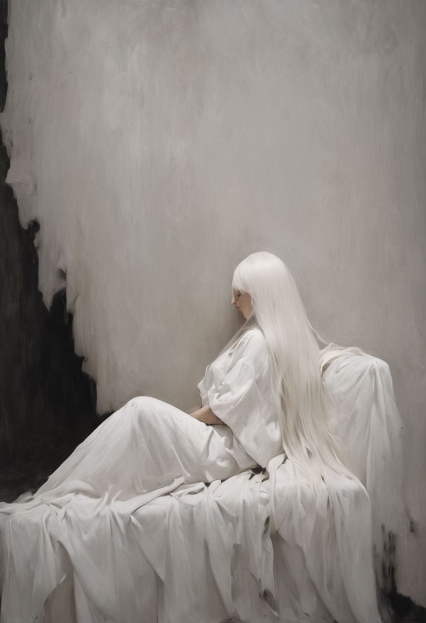 Surreal, amazing quality, masterpiece, best quality, awesome, inspiring,  a side view of a woman seated, Her legs are casually stretched out on a (vanta black vntblk sofa), clad in a white garment, with long vntblk hair falling over her face, hair over both eyes, completely covers her face. cinematic composition, soft shadows, national geographic style