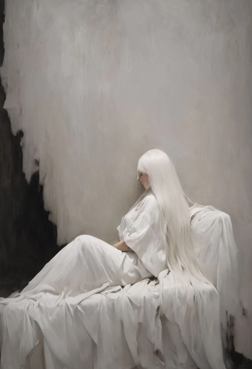 Surreal, amazing quality, masterpiece, best quality, awesome, inspiring, a side view of a woman seated, Her legs are casually stretched out on a (vanta black vntblk sofa), clad in a white garment, with long vntblk hair falling over her face, hair over both eyes, completely covers her face. cinematic composition, soft shadows, national geographic style