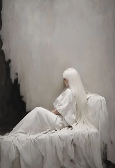 Surreal, amazing quality, masterpiece, best quality, awesome, inspiring,  a side view of a woman seated, Her legs are casually stretched out on a (vanta black vntblk sofa), clad in a white garment, with long vntblk hair falling over her face, hair over both eyes, completely covers her face. cinematic composition, soft shadows, national geographic style