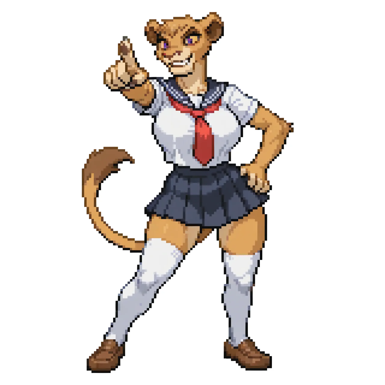 Simple background, white background, <lora:pkspif_nb_v1-2:1>,fullbody, (from front), 1girl, Solo, standing, Big breasts, <lora:Character - Illustrious - Rey Leon - Vitani:1>, lioness, Vitani, purple eyes, yellow sclera, anthro, furry female, claws, tail, grin, pointing at viewer, one arm raised, index finger raised, one hand on hip, Serafuku, White thighhigh, mini skirt,  white shirt, school uniform, red necktie, black skirt, brown shoes