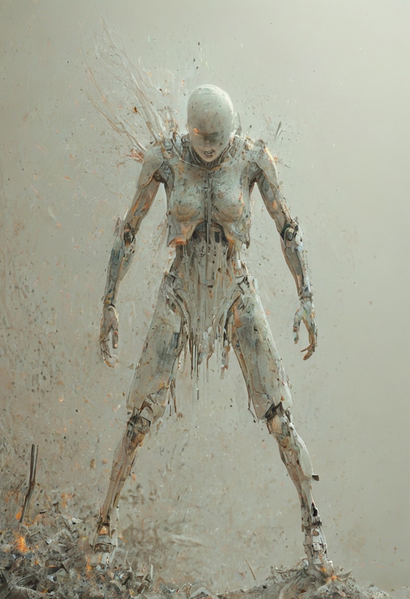 a combat cyborg, damaged, looking at the sunset over a faraway distopian city, colorful, muted rusted eroded paint, looking defeated,