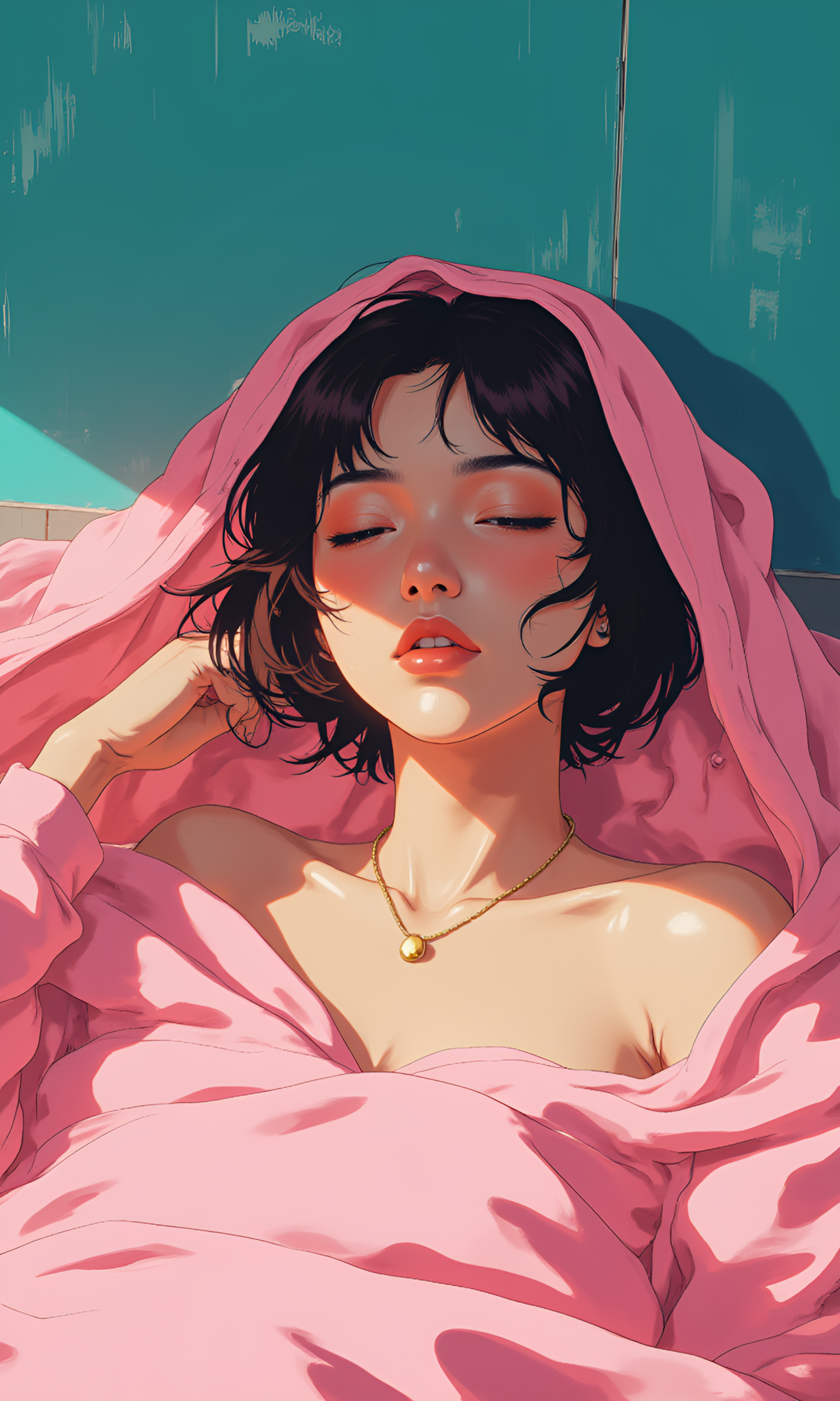 A close-up portrait of a young woman lying on her back in a relaxed, dreamy pose. She is partially covered by a soft, pink blanket or towel , which drapes over her head and upper body. Her short, dark hair falls naturally around her face, and she wears a delicate gold necklace  that catches the light. One hand rests gently on the blanket, while the other is slightly raised, holding onto the fabric. The background is a vibrant teal-colored wall , providing a bold contrast to the warm pink tones. The lighting is soft and diffused, highlighting the textures of the blanket and the subject's skin. The overall mood is serene and intimate, with a slight motion blur or distortion  in the center of the image, adding an ethereal, dreamlike quality. The scene conveys a sense of relaxation, comfort, and quiet introspection.
j_art, j_anime, <lora:FLUX\jul\J_Anime:1.0>