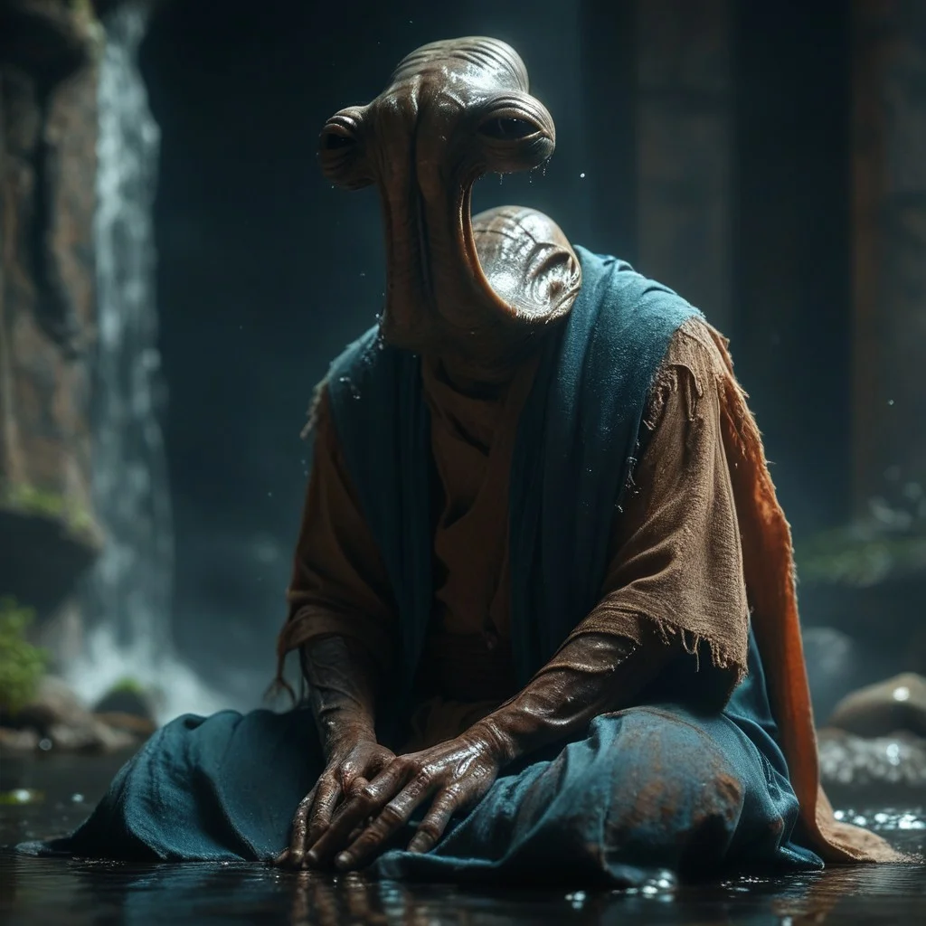 score_9, score_8_up, score_7_up, score_6_up, photo, ithorian hammerhead alien, jedi robes, star wars jedi temple, sitting, meditating, solo, skin texture, moist skin, pores, dynamic lighting, detailed shadows, dim light