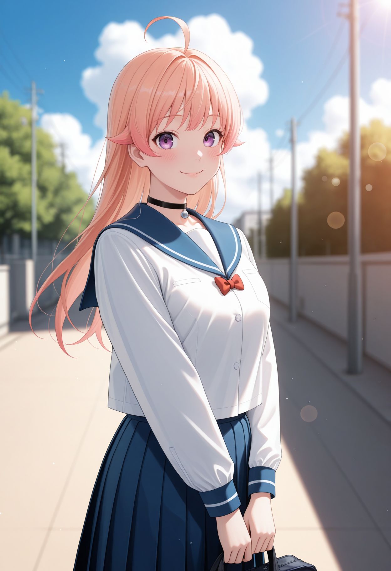 masterpiece,best quality,absurdres,highres,very aesthetic,high quality,detailed,insanely detailed,beautiful,perfect lighting, ,depth of field,blurry background,bokeh, looking at viewer,
 <lora:Wakatsuki Niko illu:1>1girl, school uniform, blue skirt, ahoge, purple eyes, long hair, smile, outdoors, black choker, looking at viewer, holding bag, pink hair, blue sky, blue sailor collar, serafuku, long sleeves, pleated skirt, red bow, day, cloud, white shirt, closed mouth, blush