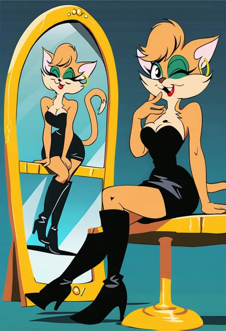 score_9, score_8_up, score_7_up, score_6_up, score_5_up, score_4_up, source_furry, Tabitha_Fantomcat, detailed eyes, detailed face, (retro artstyle, 1990s \(style\), flat color, toon \(style\)),1girl, solo, boots, dress, thigh boots, earrings, hoop earrings, strapless dress, jewelry, strapless, one eye closed, short dress, grey dress, thighhighs, sitting, breasts, topknot, cleavage, high heels, short hair, bare shoulders, high heel boots, tube dress, makeup, black footwear, smile, medium breasts, holding, open mouth, lipstick, black dress, mirror, knee boots, full body
<lora:tabitha-v1:1>
