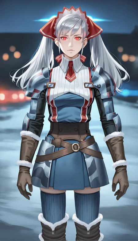 score_9,score_8_up,score_7_up,
(realistic:1.2),analog photograph,(bloom:1.2),highly detailed,highres,photorealism,perfect face,
<lora:aliciamelchiott>,aliciamelchiott,1girl,solo,
awakened valkyria,white hair,twintails,headdress,
red eyes,glowing eyes,looking at viewer,
military uniform,white collar,red necktie,armor,brown gloves with fur trim,brown belt,dark blue skirt,dark blue thighhighs,knee boots with fur trim,
full body,(body edge glowing blue light:1.4),
battle ground,dark,night,
vignetting,blurry background,