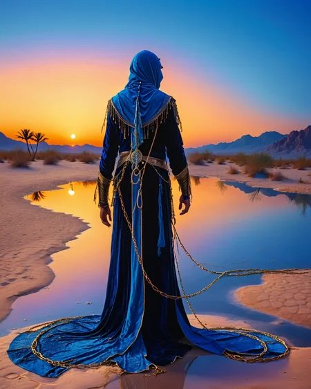 hooded human sorcerer standing at a desert oasis, velvet, chains, water, reflections, blue hour, intense colors, high contrast, camel, warriors, <lora:add-detail-xl:1.0>, <lora:xl_more_art-full_v1:0.4>, <lora:XSfenlie:1> fenliexl, <lora:lora:1>, realistic photo