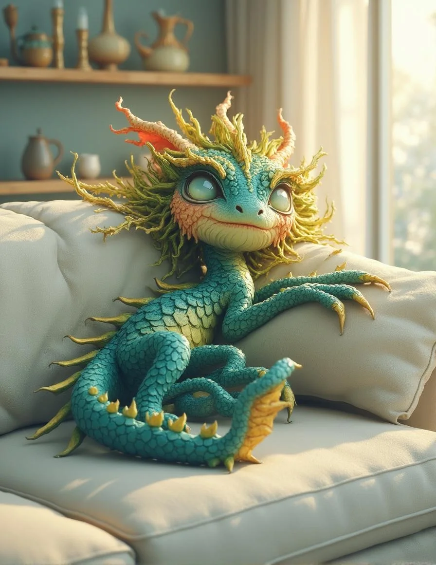 <lora:Green_cuties-000004.safetensors:1>
In this CGI image, an anthropomorphic dragon lounges in a modern living room, its emerald green, blue, and gold scales glistening as it relaxes on a cream-colored couch. The creature's refined features include human-like nose and lips, golden hair, and subtle, feline-inspired ears. Its claws are retracted, allowing it to blend into the minimalist decor, which contrasts with the ancient power emanating from its presence.