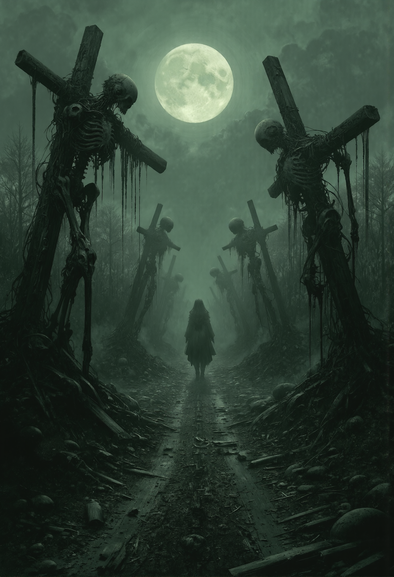 An eerie medieval scene unfolds along a desolate dirt path that stretches endlessly into the horizon. On either side of the path, crooked wooden crosses are planted haphazardly into the swampy, moor-like ground, each bearing the skeletal remains of the condemned. The decaying skeletons hang lifelessly, their bony frames twisted and contorted, evoking a sense of anguish and despair. A thick, oppressive fog blankets the entire scene, shrouding the landscape in an unearthly, ghostly atmosphere. The faint glow of a pale moon filters through the mist, casting long, distorted shadows of the crosses across the muddy ground. The air is heavy with silence, broken only by the distant creak of the unstable wooden structures as they sway slightly in the damp, haunting breeze. The composition conveys an overwhelming sense of dread, isolation, and foreboding, drawing the viewerâs eye down the path into the misty unknown.  In the distance, barely visible through the dense fog, stands the silhouette of a young girl in a flowing skirt. Her presence adds an unsettling mystery to the scene, as she appears motionless and out of place in this nightmarish landscape. The soft contours of her silhouette, illuminated faintly by the moonlight, create a stark contrast to the grim surroundings, drawing the viewer's eye toward her and deepening the sense of foreboding and unanswered questions. <lora:- Flux1 - vanta_black_V1.0.safetensors:0.75>,  <lora:Warhammer_Rogue_Trader_Style_flux-000021.safetensors:0.5>,  <lora:Elden_Ring_-_Yoshitaka_Amano.safetensors:1.0>,  <lora:The_Dark_Side_Of_The_Future.safetensors:0.33>,
