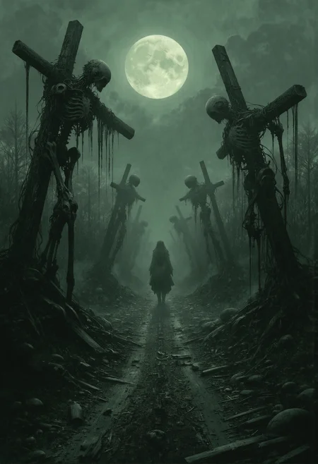 An eerie medieval scene unfolds along a desolate dirt path that stretches endlessly into the horizon. On either side of the path, crooked wooden crosses are planted haphazardly into the swampy, moor-like ground, each bearing the skeletal remains of the condemned. The decaying skeletons hang lifelessly, their bony frames twisted and contorted, evoking a sense of anguish and despair. A thick, oppressive fog blankets the entire scene, shrouding the landscape in an unearthly, ghostly atmosphere. The faint glow of a pale moon filters through the mist, casting long, distorted shadows of the crosses across the muddy ground. The air is heavy with silence, broken only by the distant creak of the unstable wooden structures as they sway slightly in the damp, haunting breeze. The composition conveys an overwhelming sense of dread, isolation, and foreboding, drawing the viewerâs eye down the path into the misty unknown. In the distance, barely visible through the dense fog, stands the silhouette of a young girl in a flowing skirt. Her presence adds an unsettling mystery to the scene, as she appears motionless and out of place in this nightmarish landscape. The soft contours of her silhouette, illuminated faintly by the moonlight, create a stark contrast to the grim surroundings, drawing the viewer's eye toward her and deepening the sense of foreboding and unanswered questions. <lora:- Flux1 - vanta_black_V1.0.safetensors:0.75>, <lora:Warhammer_Rogue_Trader_Style_flux-000021.safetensors:0.5>, <lora:Elden_Ring_-_Yoshitaka_Amano.safetensors:1.0>, <lora:The_Dark_Side_Of_The_Future.safetensors:0.33>,