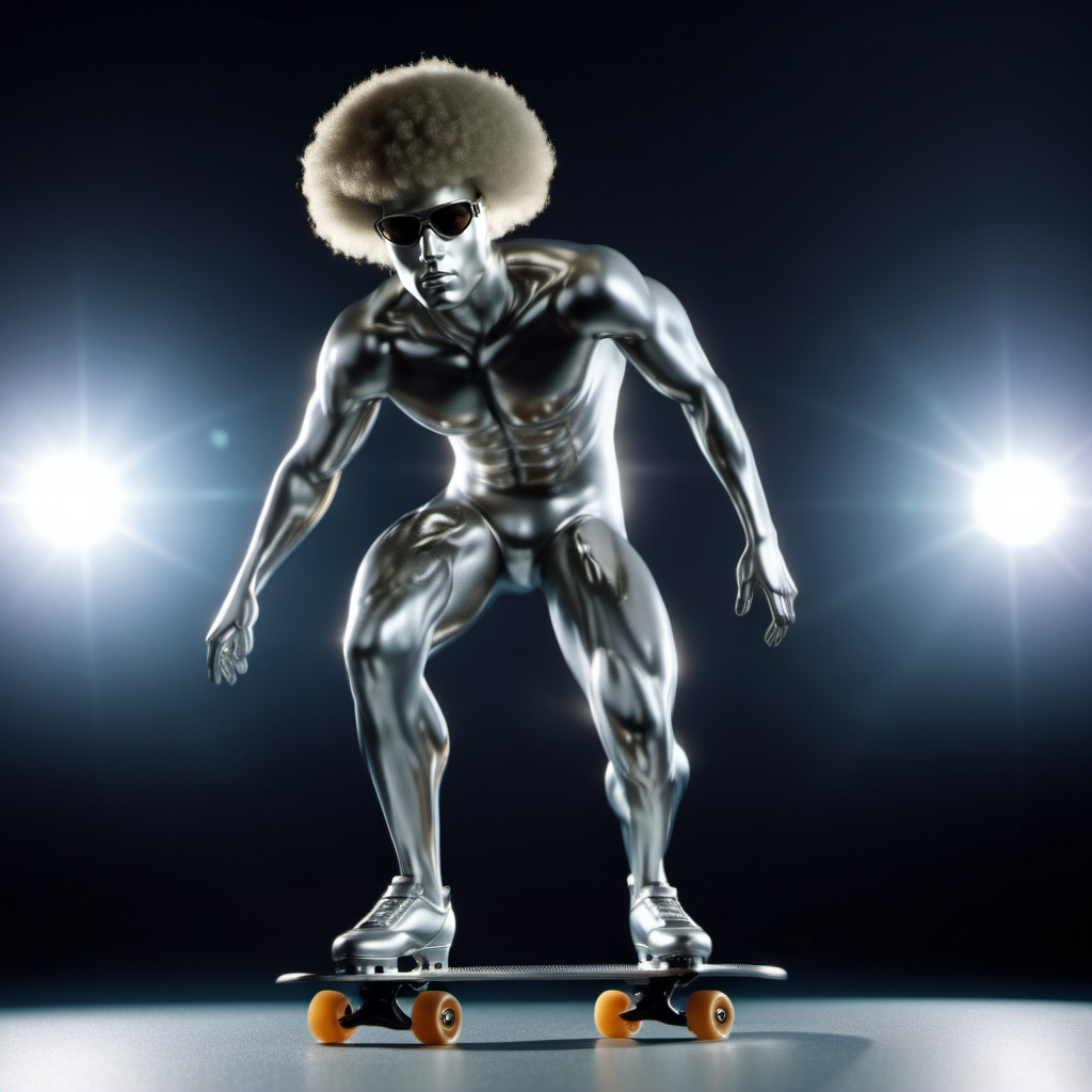 cinematic photo a full body silver man with a big afrohaircut using  rollerblades in a vintage skate-ring<lora:SilverSurfer1024:0.8> . 35mm photograph, film, bokeh, professional, 4k, highly detailed