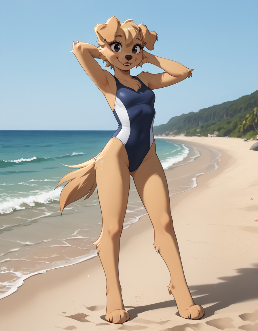 outdoors,beach,
full body,smile,long eyelashes,
swimsuit,pose,
<lora:Bherri_v01_PDXL:1>,Bherri,1girl,solo,furry female,dog girl,dog ears,dog tail,short hair,blonde hair,bangs,body fur,brown fur,two-tone fur,animal nose,black eyes,
