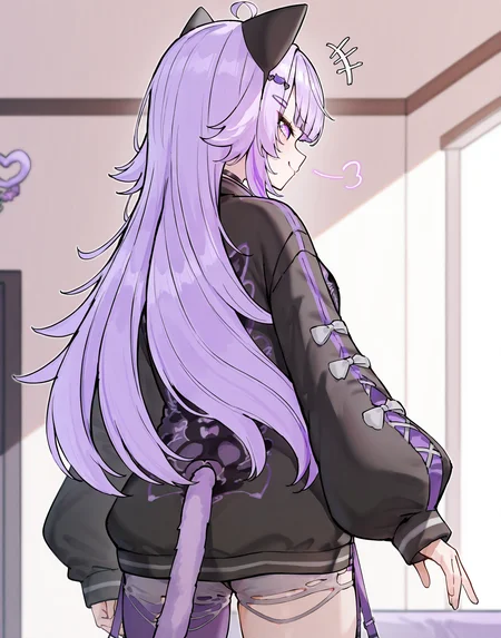 masterpiece, perfect quality, best quality, absolutely eye-catching, absurdres, highres, newest, 1girl, <lora:nekomataokayugyaruIllustriousXL:1>, okayugyaru, smile, bare arms, cowboy shot, black jacket, zipper, from behind, smug,