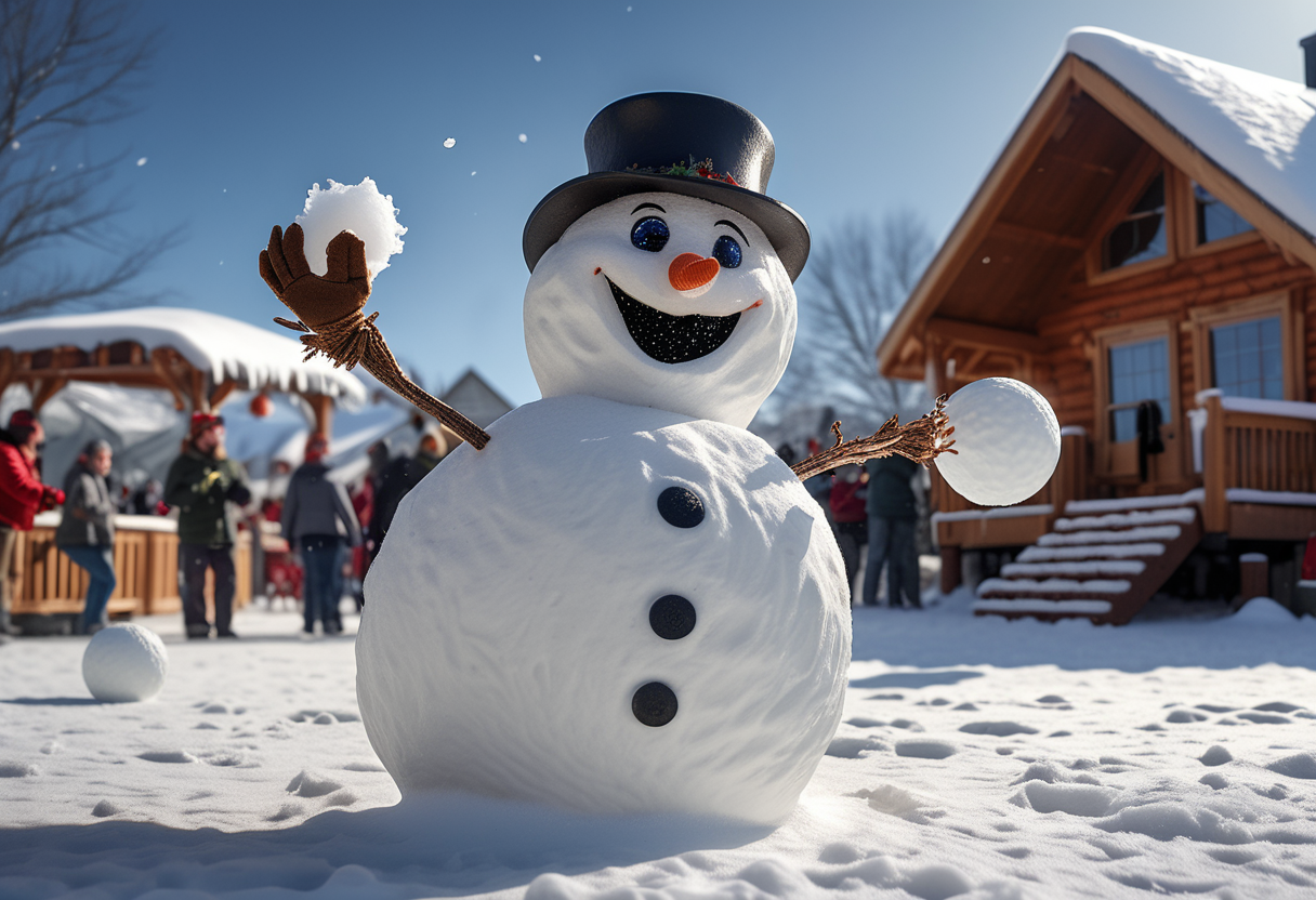 award winning, (professional photo) of (long shot , straight on) of snowman throwing a snowball, detailed face, located in a winter scene at a snow-covered winter festival during afternoon with windy weather, illuminated by warm cabin light, creating a wondrous tranquil atmosphere, , creative, beautiful, vibrant, masterpiece, 64k, UHD, HDR, full view, atmospheric lighting, extremely detailed