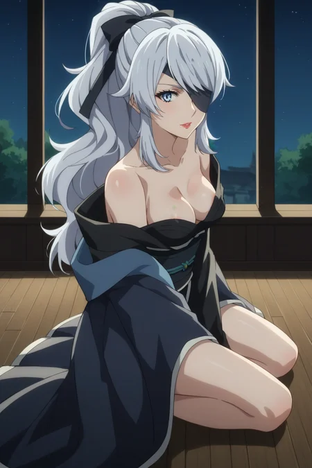 score_9, score_8_up, score_7_up, source_anime, 1girl, prefect lighting, very aesthetic, intricate details, highly detailed background, masterpiece, high quality, prefect hands, best quality, solo,
<lora:No4_Nier_V1:.85>, kjono4, white hair, long hair, light blue eyes, eyepatch, hair bow, high ponytail, swept bangs, lipgloss,
black kimono, obi, off shoulder, nipple slip,
From side, wariza, kneeling, hand between legs, looking at viewer,
Night, east asian architecture, wooden floor,
(Beautiful, medium Breasts:1.2), natural breasts,