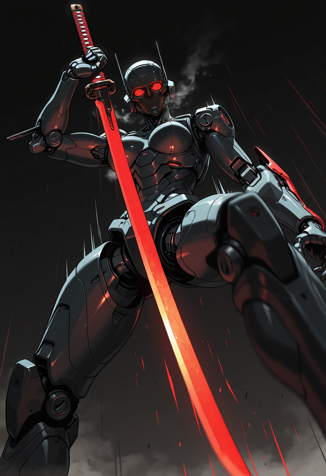 solo,
futuristic steaming_hot blade, red glowing katana, (dynamic pose:1.2), armored,
depth of field, blurry_foreground, motion blur, motion lines, energy lines, midair,
dimly lit, dramatic lighting, volumetric lighting, dark,
heat haze, mirage,
low angle, from below, imposing, dutch angle,, masterpiece, best_quality, amazing_quality, very_aesthetic, 8k, high_quality, highres, absurdres, subject_focus,, detailed eyes, perfect eyes, realistic eyes,, mechanical limbs, cyborg, cybernetic, futuristic, mechanical joints, robot,, 15546+456868, in the style of cksc, Sinozick_illu, <lora:114558v4df2fsdf5:0.25> <lora:ChronoKnight_Neurocore_Shadow_Circuit:0.25> <lora:Shiiro0_Sinozick:0.5>