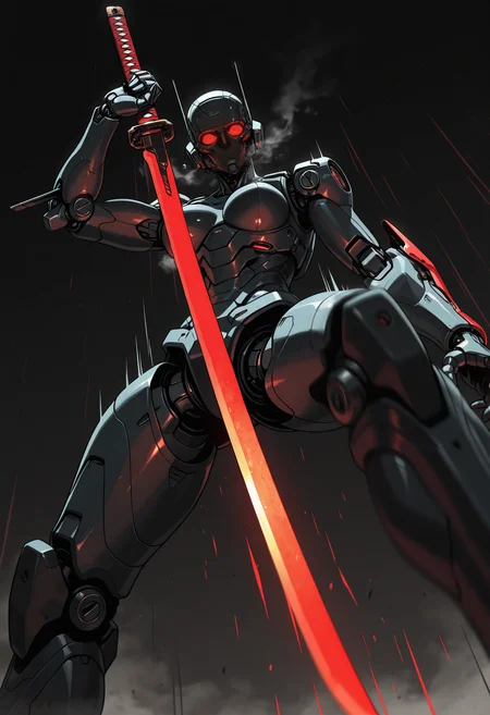 solo,
futuristic steaming_hot blade, red glowing katana, (dynamic pose:1.2), armored,
depth of field, blurry_foreground, motion blur, motion lines, energy lines, midair,
dimly lit, dramatic lighting, volumetric lighting, dark,
heat haze, mirage,
low angle, from below, imposing, dutch angle,, masterpiece, best_quality, amazing_quality, very_aesthetic, 8k, high_quality, highres, absurdres, subject_focus,, detailed eyes, perfect eyes, realistic eyes,, mechanical limbs, cyborg, cybernetic, futuristic, mechanical joints, robot,, 15546+456868, in the style of cksc, Sinozick_illu, <lora:114558v4df2fsdf5:0.25> <lora:ChronoKnight_Neurocore_Shadow_Circuit:0.25> <lora:Shiiro0_Sinozick:0.5>