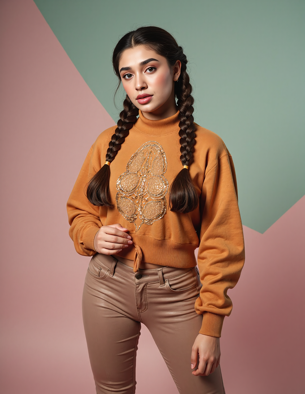 full body photo of kr1t1 sh3tty woman, hyper realistic photo that is safe for work, power pose, studio quality image with natural colors, well dressed wearing intricate turtleneck Cinnamon sweatshirt, hair styled as  french plait,muted pastel shaded multicolored background that contrasts with the person, cinematic lighting,âââââ  <lora:kr1t1_sh3tty_Kriti_Shetty_Flux_Kohya_V1:1>âââ
