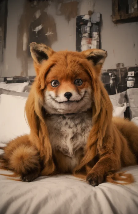 a picture of a starring fox waifu wearing a fake wig and is laying seductive on a bed, <lora:- Flux1 - stoned_fox_V1.0:.8> <lora:MJanime_Flux_LoRa_v3_Final:1>