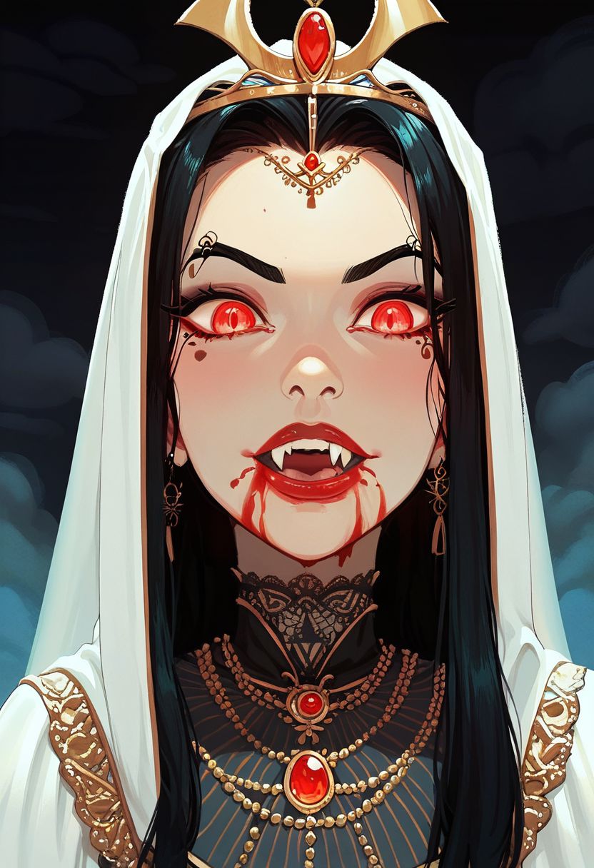 Score_9, Score_8_Upper, Score_8_Upper, Score_8_Upper, Score_8, solo, 1girl, anime, perfect face, bloody mouth, vampire sorceress, pale skin, black hair, black brows, scarlet eyes, piercing gaze, glowing eyes, decorated robes, golden jewelry, black gothic full robes, stitch marks, stitched skin, ghastly pale skin, egyptian royal crown, cracked skin, bloody skin, 
night sky, egyptian temple background, large fangs, casting a blood spell,
