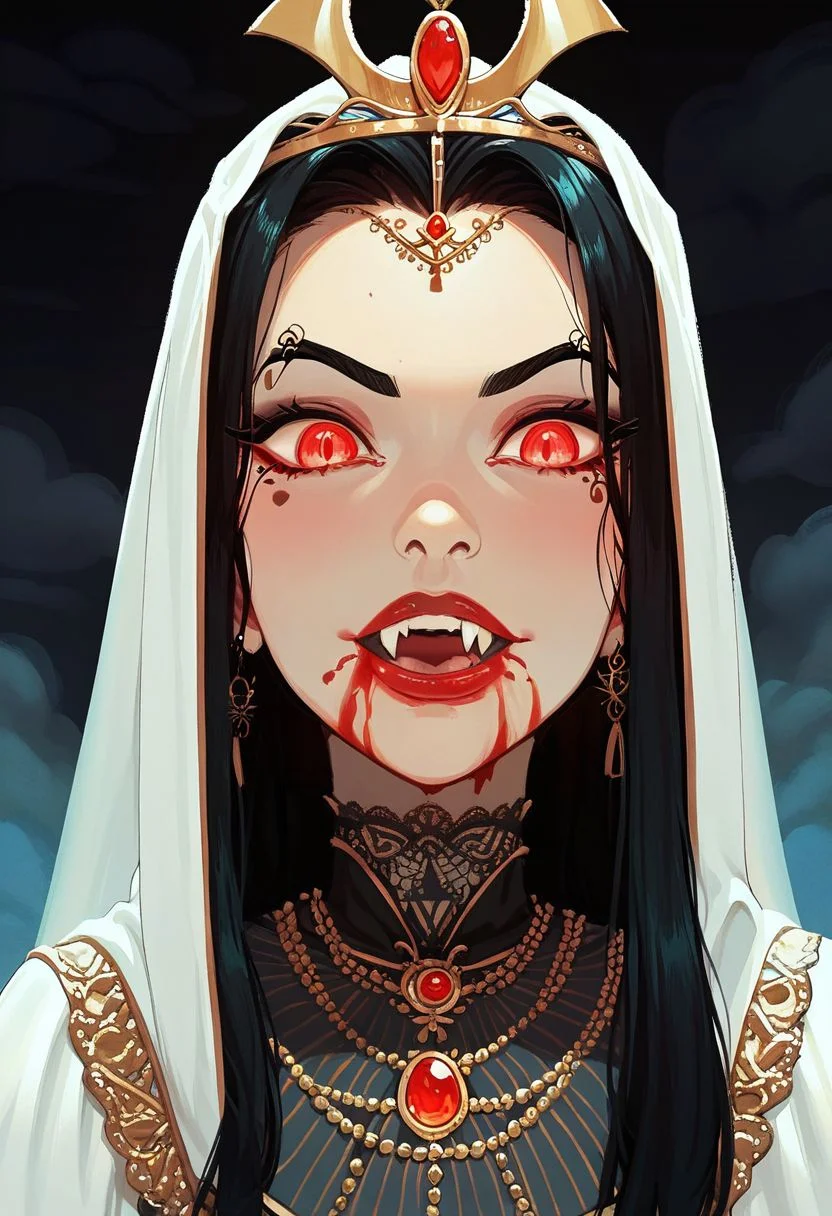 Score_9, Score_8_Upper, Score_8_Upper, Score_8_Upper, Score_8, solo, 1girl, anime, perfect face, bloody mouth, vampire sorceress, pale skin, black hair, black brows, scarlet eyes, piercing gaze, glowing eyes, decorated robes, golden jewelry, black gothic full robes, stitch marks, stitched skin, ghastly pale skin, egyptian royal crown, cracked skin, bloody skin, 
night sky, egyptian temple background, large fangs, casting a blood spell,