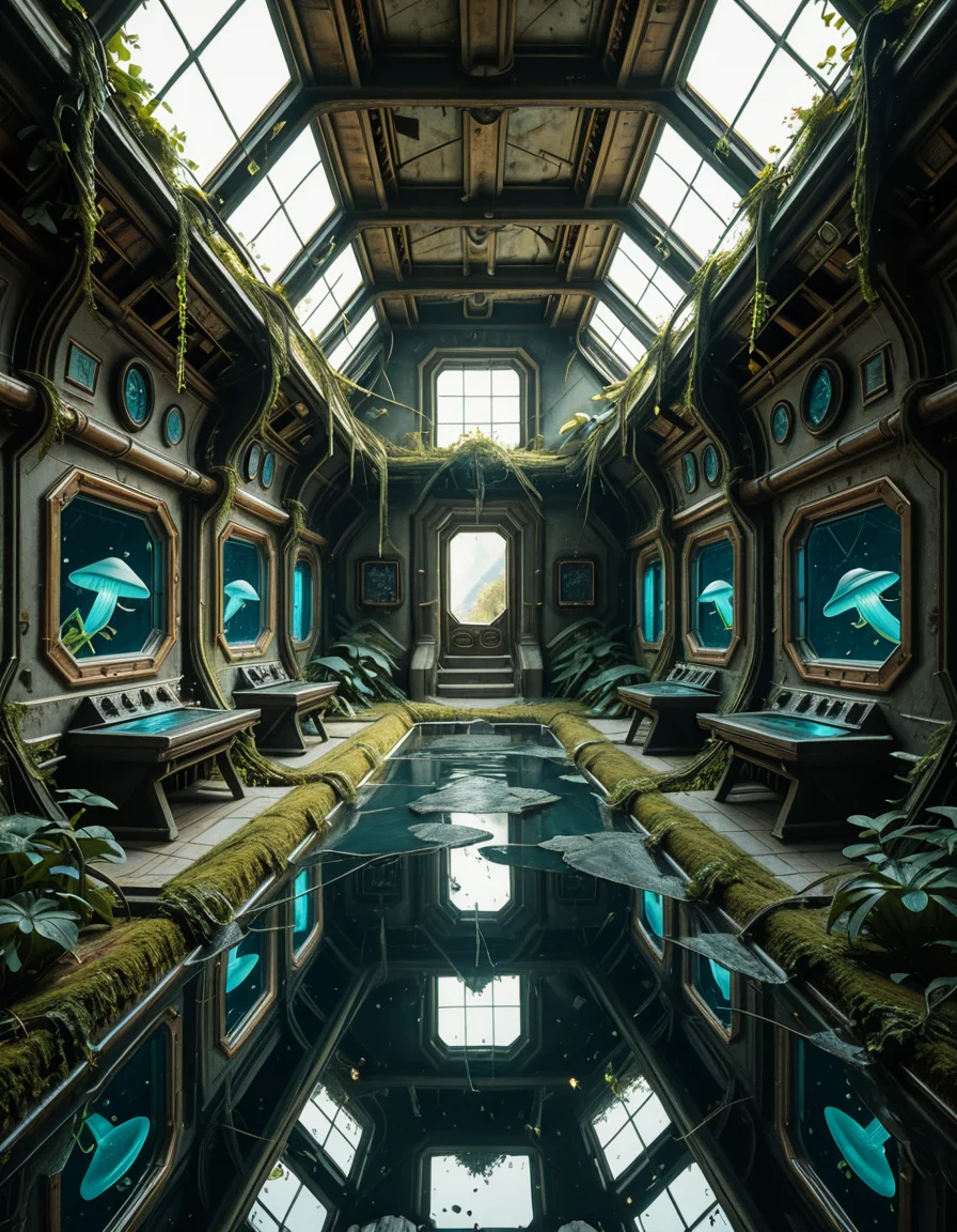 The interior of an ancient abandoned spaceship, overtaken by lush vegetation. The walls and ceiling are covered in thick, twisting vines and moss. Strange alien plants glow faintly in shades of blue and green, casting an eerie, mystical light across the metallic surfaces. Rusted control panels and shattered glass windows hint at a long-forgotten past. The floor is cracked and partially flooded with still, reflective water. Patches of bioluminescent fungi cling to the corners, adding a surreal atmosphere. The air feels heavy with moisture, and beams of soft, diffused light filter through holes in the hull, creating dramatic shafts of light and shadow. The overall style is hyper-realistic, rich in textures, with a cinematic and slightly melancholic mood.<lora:SDXLFaeTastic2400:0.4> <lora:extremely_detailed:0.4> extremely detailed,ancient abandoned sp4c3sh1p, <lora:ancient_abandoned_sp4c3sh1p-i:1>, Masterpiece,best quality,hi res,8k,hi res,8k,award winning,(sharp focus, intricate, highly detailed),
