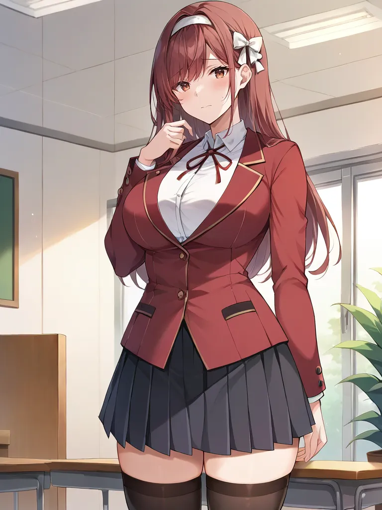 rating_safe, score_9, score_8_up, score_7_up,  <lora:hinomiyatorikipony:1>,
1girl, solo, hinomiyakzn, long hair, brown hair, red hair, bangs, brown eyes, hairband, hair bow, red blazer, white shirt, neck ribbon, black skirt, black thighhighs, large breasts, standing, indoors, school, nervous, cowboy shot