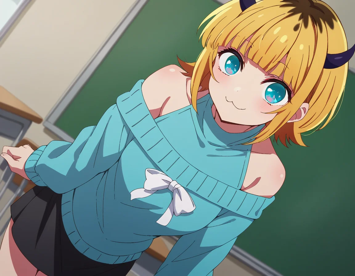 score_9, score_8_up, score_7_up, source_anime,
memcho, <lora:memcho-s1-ponyxl-lora-nochekaiser:1>
memcho, blonde hair, blue eyes, blunt bangs, demon horns, fake horns, horns, short hair,
bare shoulders, black skirt, blue sweater, long sleeves, off shoulder, off-shoulder sweater, puffy sleeves, skirt, sweater, white ribbon,
indoors, classroom, bent over, smile,
looking at viewer, dutch angle, cowboy shot