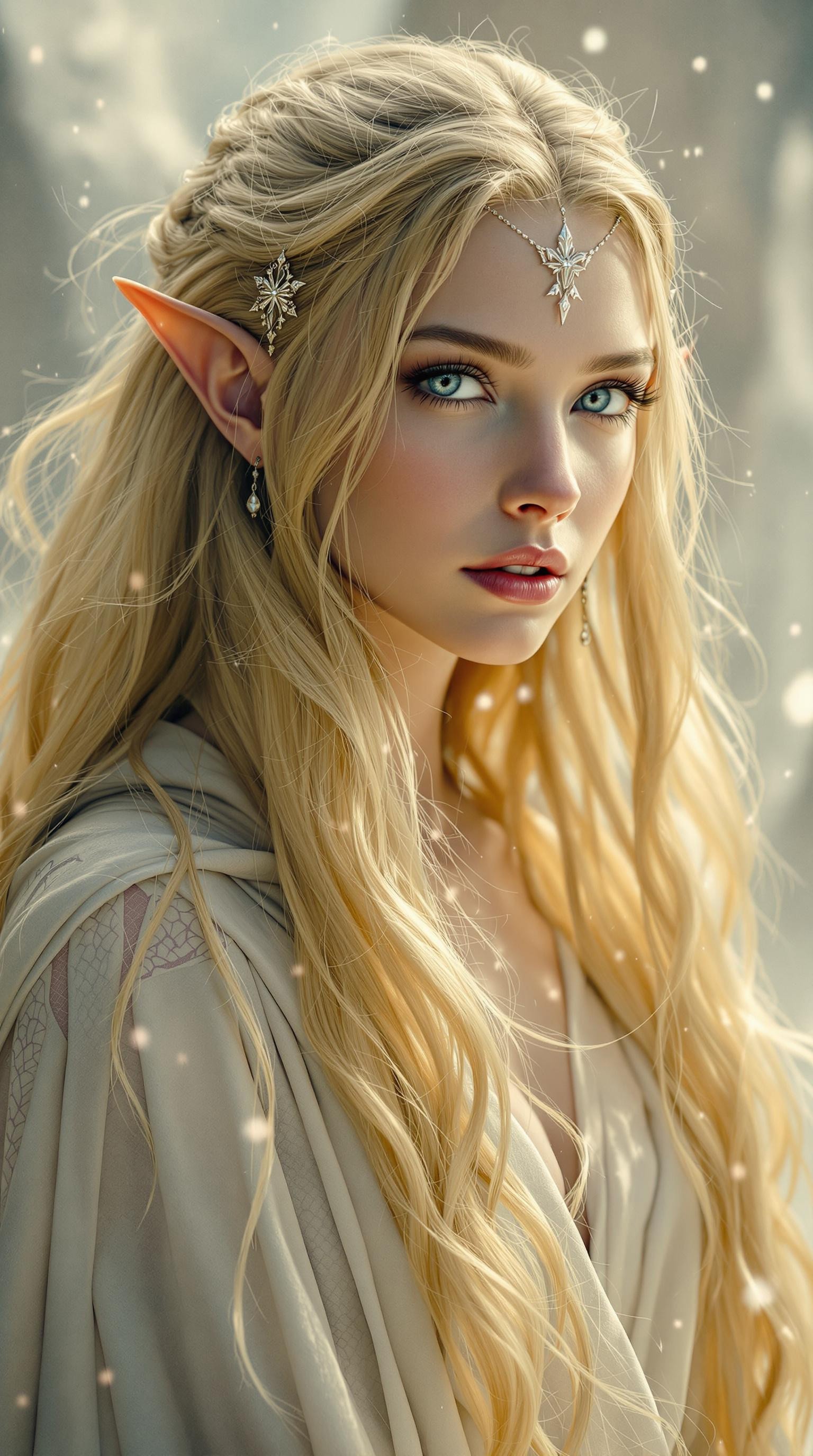 cinematic still hyper realistic art A mesmerizing image capturing the essence of timeless fantasy elven beauty ---- 
Very tall she was, and the Lady no less tall than the Lord; and they were grave and beautiful. They were clad wholly in white; and the hair of the Lady was of deep gold, and seemed to shine with a light of its own. Her eyes were grey as a cloudless night, and yet bright as a star; and in them was a light akin to the light of the stars. Venerable she seemed as a queen poised between the worlds of Men and of Elves; yet in her face was the memory of the beauty of the Eldar in ancient days. Her voice was clear and musical, but deeper than a woman’s wont.