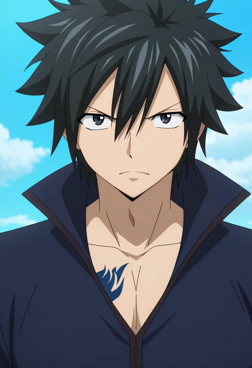 masterpiece, best quality, intricate details, anime screencap, anime coloring, official style, looking at viewer, 1boy, solo, male focus, <lora:gray_fullbuster_ilxl:0.92>, gray_fullbuster, black hair, black eyes, spiked hair, hair between eyes, , , ,