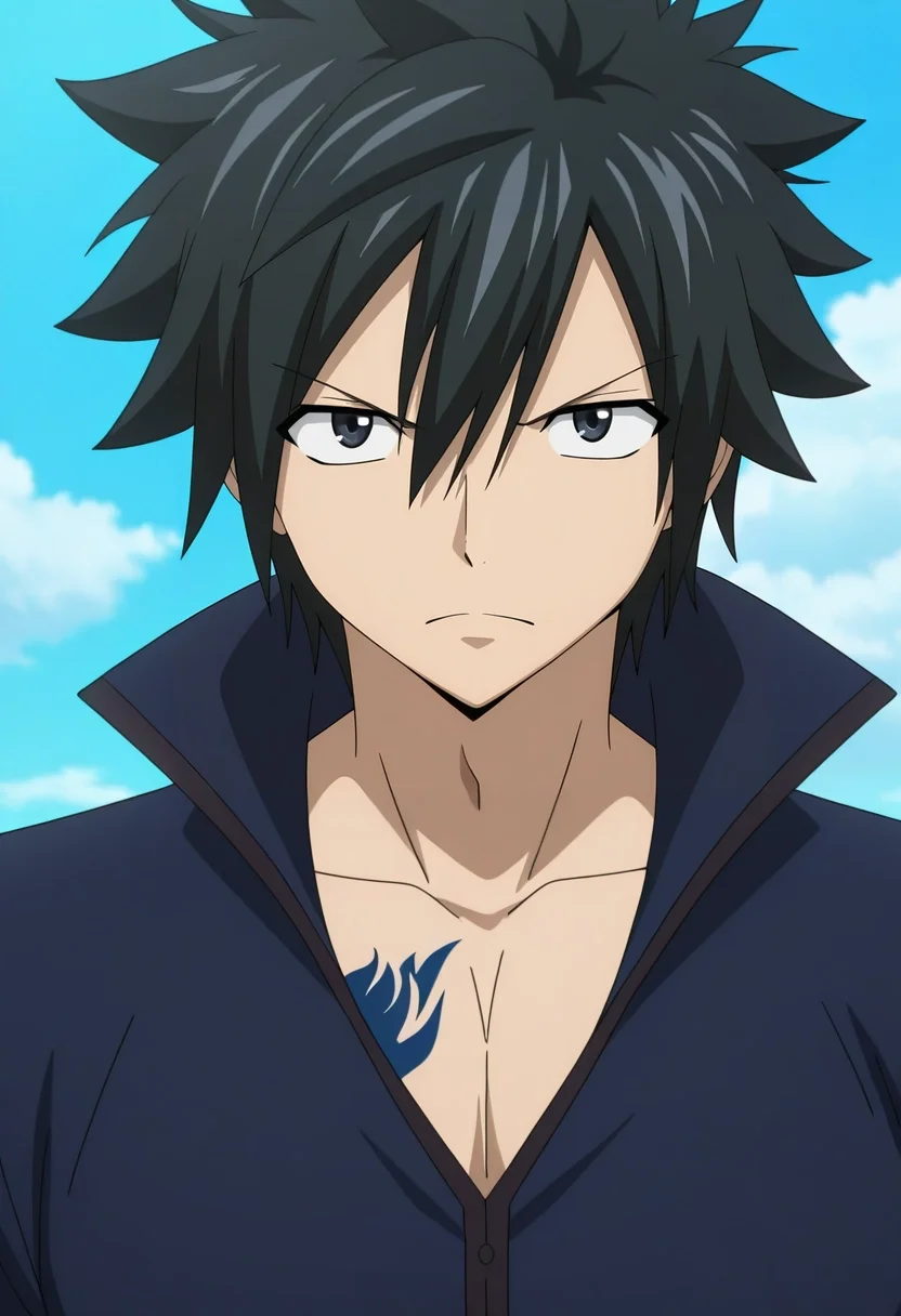 masterpiece, best quality, intricate details, anime screencap, anime coloring, official style, looking at viewer, 1boy, solo, male focus, <lora:gray_fullbuster_ilxl:0.92>, gray_fullbuster, black hair, black eyes, spiked hair, hair between eyes, , , ,