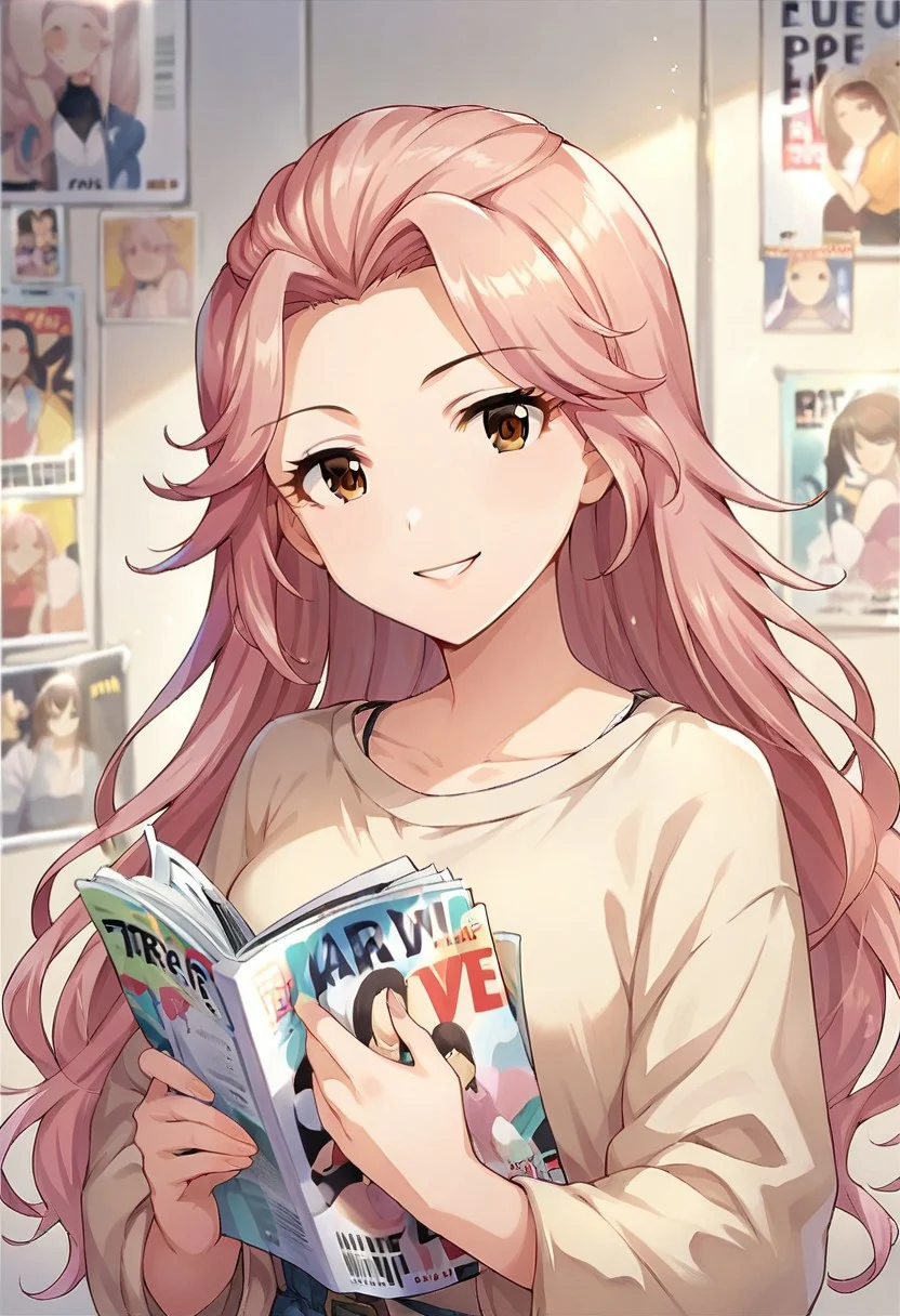 score_9, score_8_up, score_7_up, source_anime,hamakawa ayuna, 1girl, solo, long hair, looking at viewer, smile, holding, brown eyes, pink hair, magazine (object)