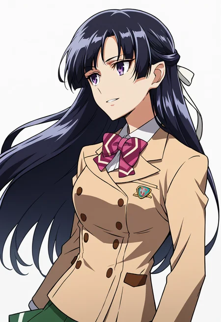 score_9, score_8_up, score_7_up, source_anime, rating_safe <lora:rukino_sakivv_PONY-700007:0.8> rukino_sakivv, 1girl, anime coloring, solo, long hair, purple hair, purple eyes, half updo, hair ribbon, bow, blazer, long sleeves, emblem, light smile, parted lips, medium breasts, pleated skirt, from side, looking up, white background,