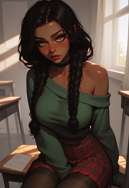 score_9, score_8_up, score_8, 
classroom, high detail, close view
BREAK,
1girl, 22 year old girl, cute, big breasts, black hair, two low short braids, brown eyes, tanned skin, straight hair
BREAK,
oversized green sweater, red plaid skirt, black tights, visible shoulders
BREAK,
1girl, solo, pose, shy, sweet, sexy girl, discreet, reserved, sitting