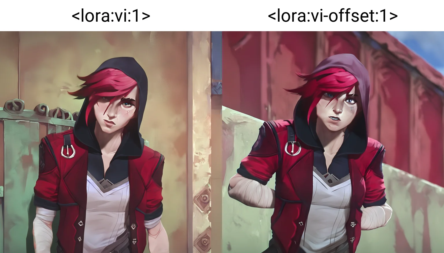 arcane, vi, red hair, light blue eyes, freckles, nose piercing, face tattoo, upper body, vi (league of legends), eyebrow scar, bandaged arms, arm tattoo, red jacket, leaning on wall, hood up <lora:vi:1>