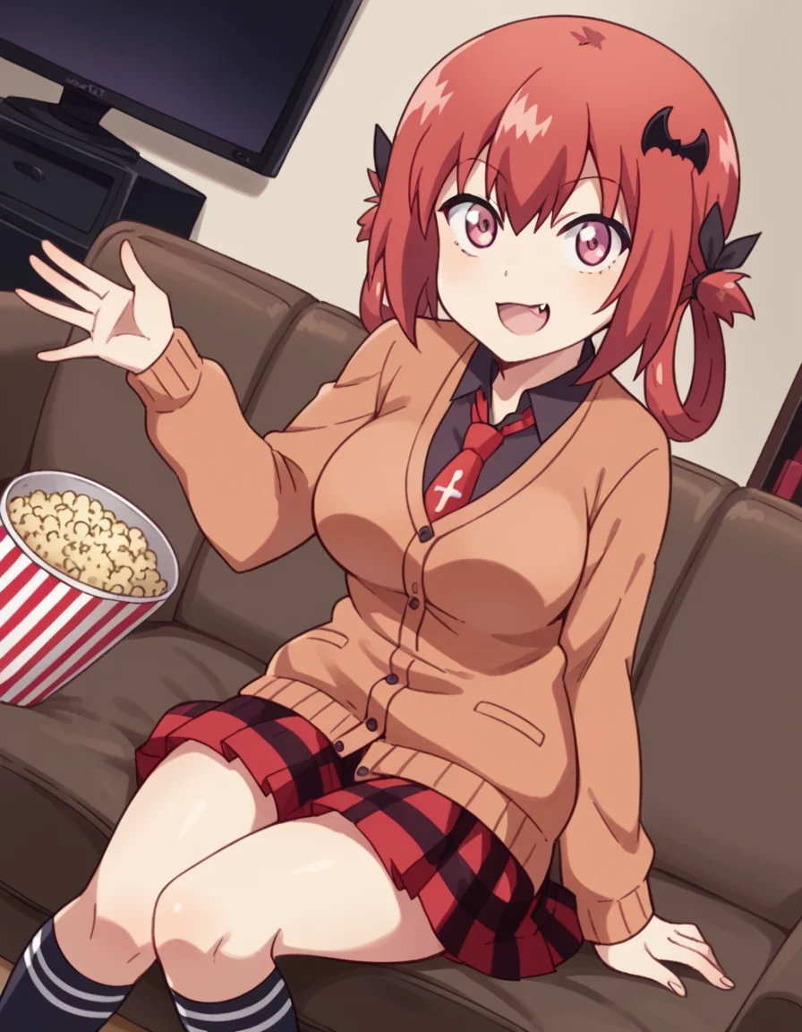 score_9, score_8_up, score_7_up, source_anime, <lora:satanichia-kurumizawa-mcdowell-s1-ponyxl-lora-nochekaiser:1>, satanichia kurumizawa mcdowell, hair ornament, red hair, hair rings, bat hair ornament, pink eyes, skin fang, large breasts,, skirt, shirt, school uniform, pleated skirt, necktie, shoes, socks, collared shirt, plaid, kneehighs, black shirt, plaid skirt, cardigan, black socks, inverted cross, brown cardigan,, living room, television, couch, popcorn, watching movie, night time, sitting,, smile, looking at viewer, hand waving, solo,, cowboy shot, dutch angle