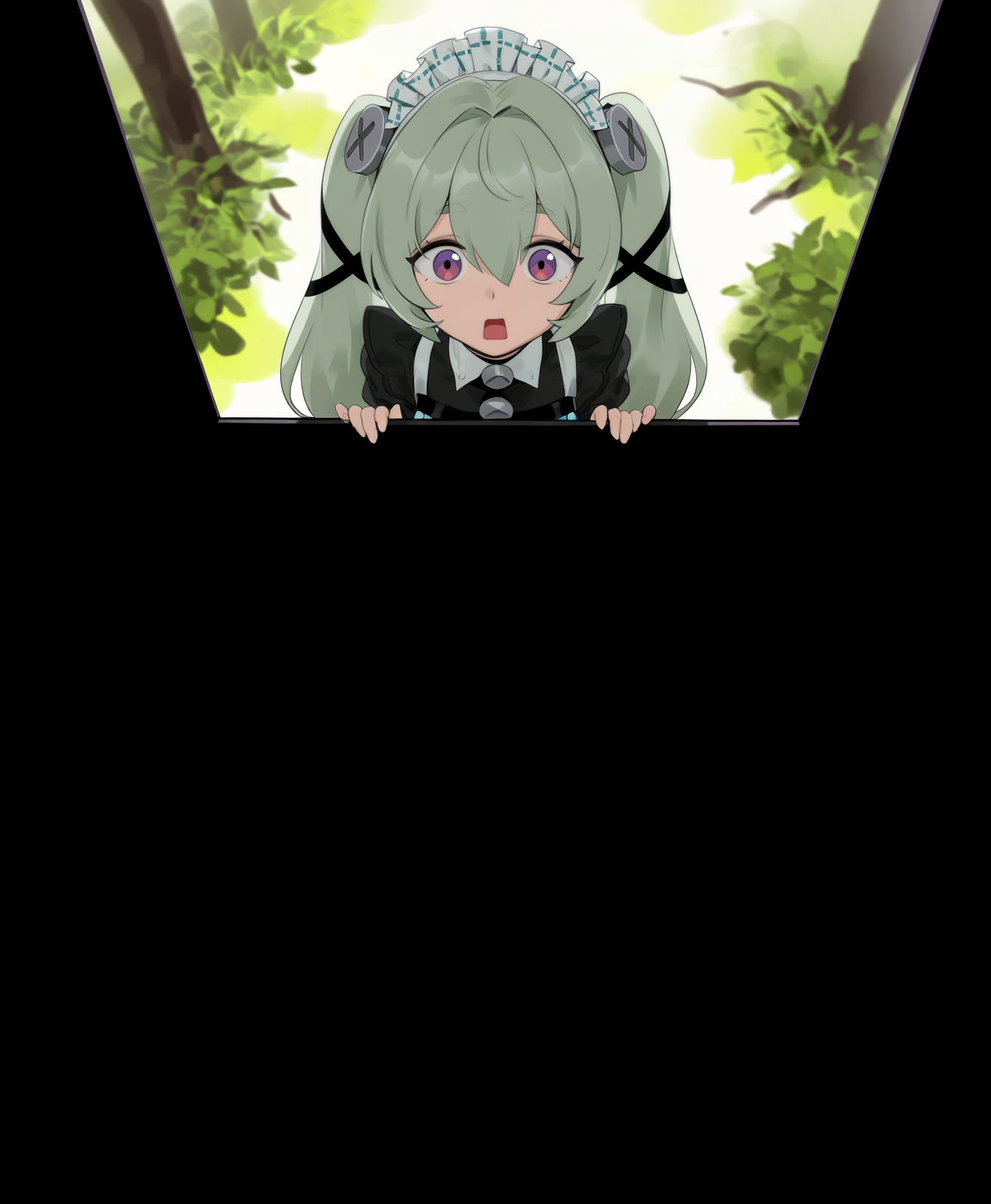 <lora:nyalia:0.25>, nyalia,
yd \(orange maru\),
sfw, 1girl, solo, clothed,
corin wickes, zenless zone zero, medium breast, green hair, long hair, twintails, hair between eyes, purple eyes, maid,
surprised,
BREAK,
from above,
forest background,
masterpiece, best quality, absurdres