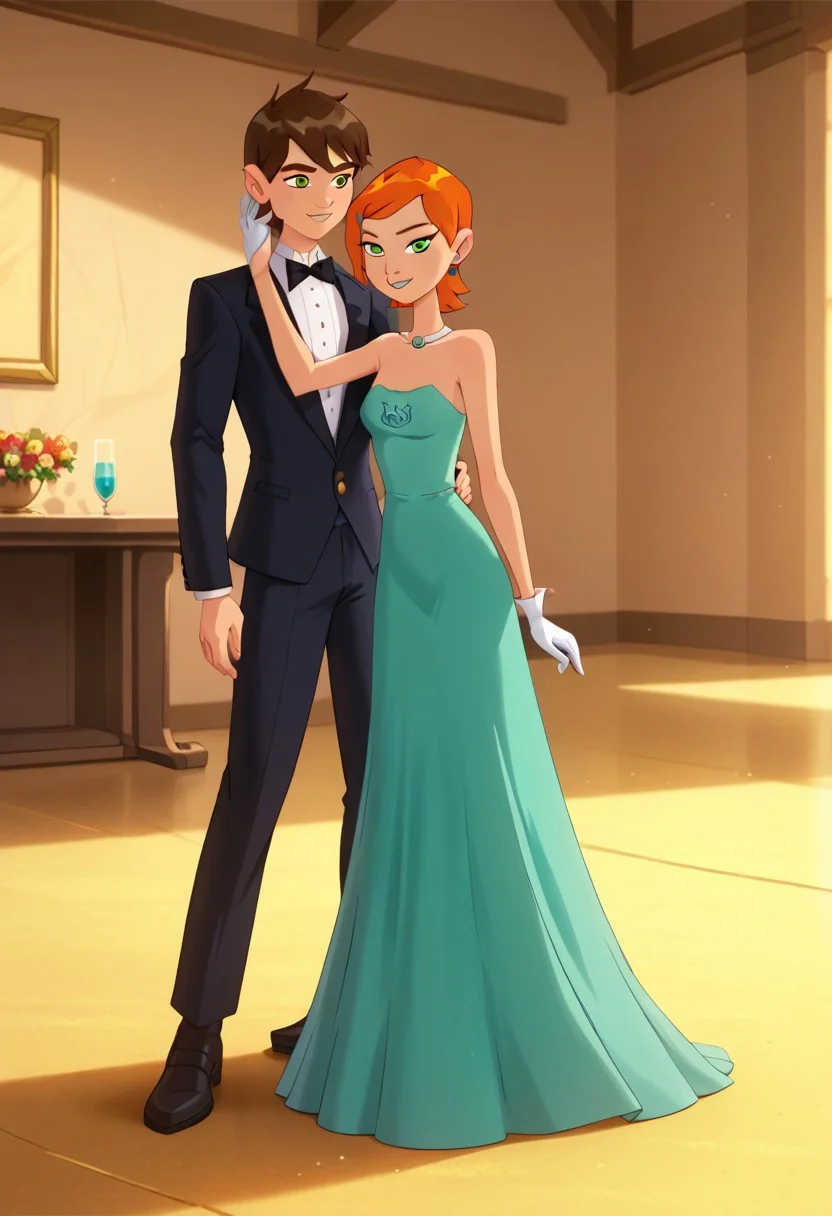 score_9, score_8_up, score_7_up,
1 girl, 1 boy, couple, ( gwen tennyson, age 20, short orange hair, large breasts, thin hips, thin thighs, slender, beautiful, sexy, smiling, green eyes, wearing a emerald green dress, tight dress, gloves, wedding style, ( GOLD embroidering accents on bodice) black beading on the skirt, gem beading, ) and (ben tennyson, brown hair, age 20, fit, muscular, wearing a tuxedo),
Dancing on a ballroom floor,